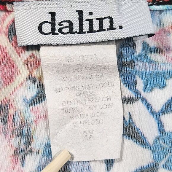 Dalin Womens Top 2X Keyhole Geo Graphic Print Ruched Sleeves Boho Artsy Stretch - Picture 7 of 10